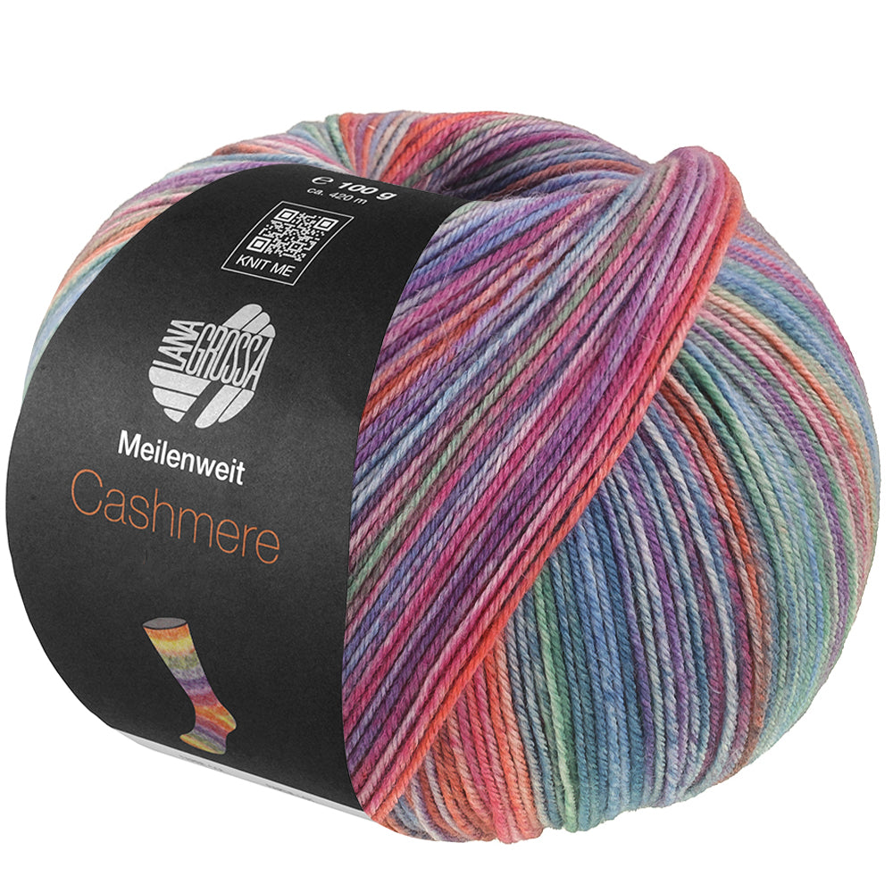 Lana Grossa Meilenweit 100 Cashmere Inverno 124 bol sokkengaren in jade, petrol, turquoise, terracotta, fuchsia, lichtblauw, blauw, rood, roze, pruim en roodviolet