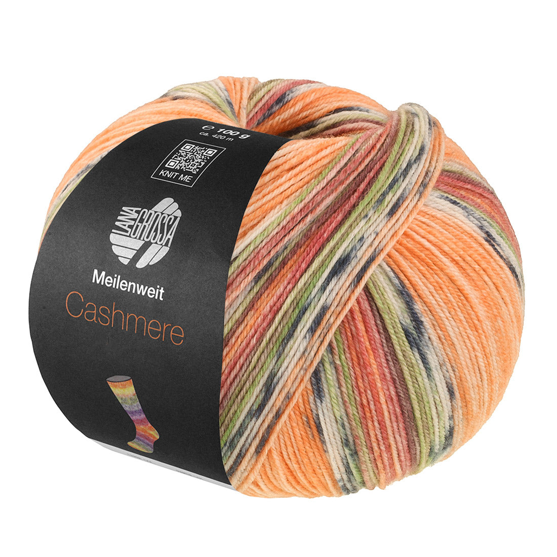 Lana Grossa Meilenweit 100 Cashmere Pista 141 Oranje/Licht-/Donkergrijs/Bruinoranje/Lichtgroen/Erika/Braam/Grijsbruin gestreept - bol sokkengaren met kasjmier