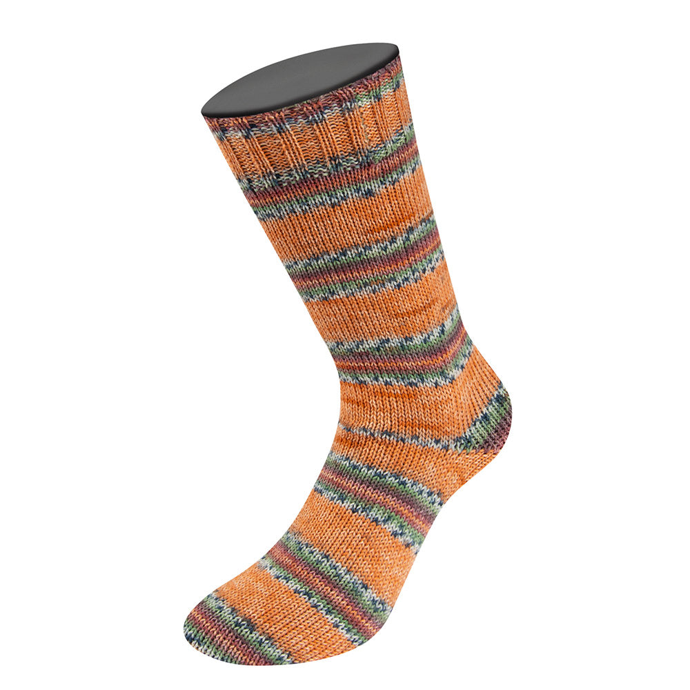 Lana Grossa Meilenweit 100 Cashmere Pista 141 Oranje/Licht-/Donkergrijs/Bruinoranje/Lichtgroen/Erika/Braam/Grijsbruin gestreept - gebreide sok met automatisch streeppatroon