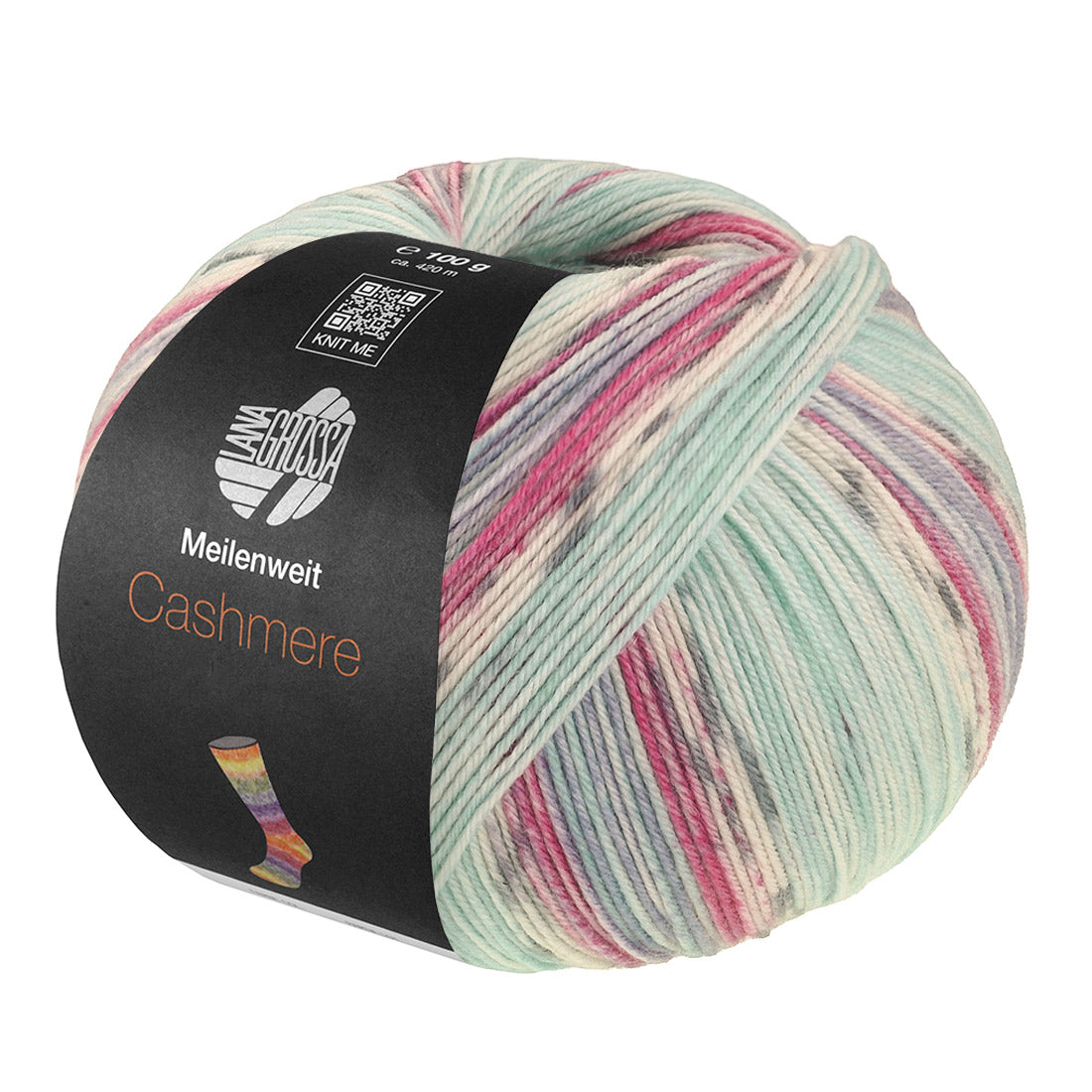 Lana Grossa Meilenweit 100 Cashmere Pista 142 Mint/Turquoise/Wit/Grijs/Lichtblauw/Fuchsia gestreept - bol sokkengaren met kasjmier