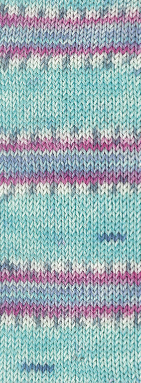 Lana Grossa Meilenweit 100 Cashmere Pista 142 Mint/Turquoise/Wit/Grijs/Lichtblauw/Fuchsia gestreept - detail van gebreid streeppatroon