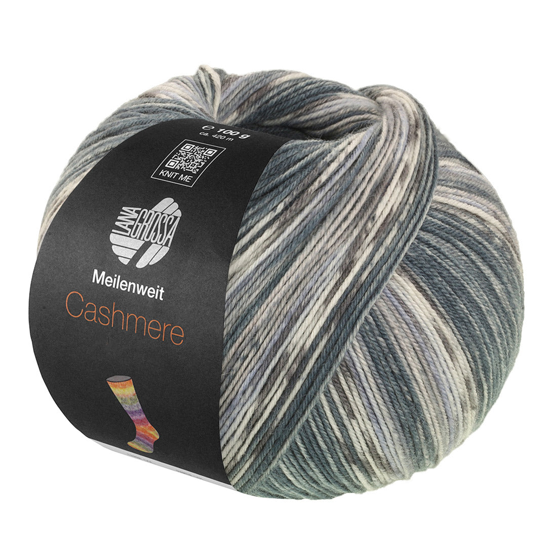 Lana Grossa Meilenweit 100 Cashmere Pista 143 Staal-/Donker-/Licht-/Muisgrijs/Pastelblauw gestreept - bol sokkengaren met kasjmier
