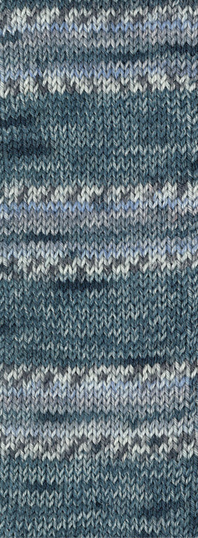 Lana Grossa Meilenweit 100 Cashmere Pista 143 Staal-/Donker-/Licht-/Muisgrijs/Pastelblauw gestreept - detail van gebreid streeppatroon