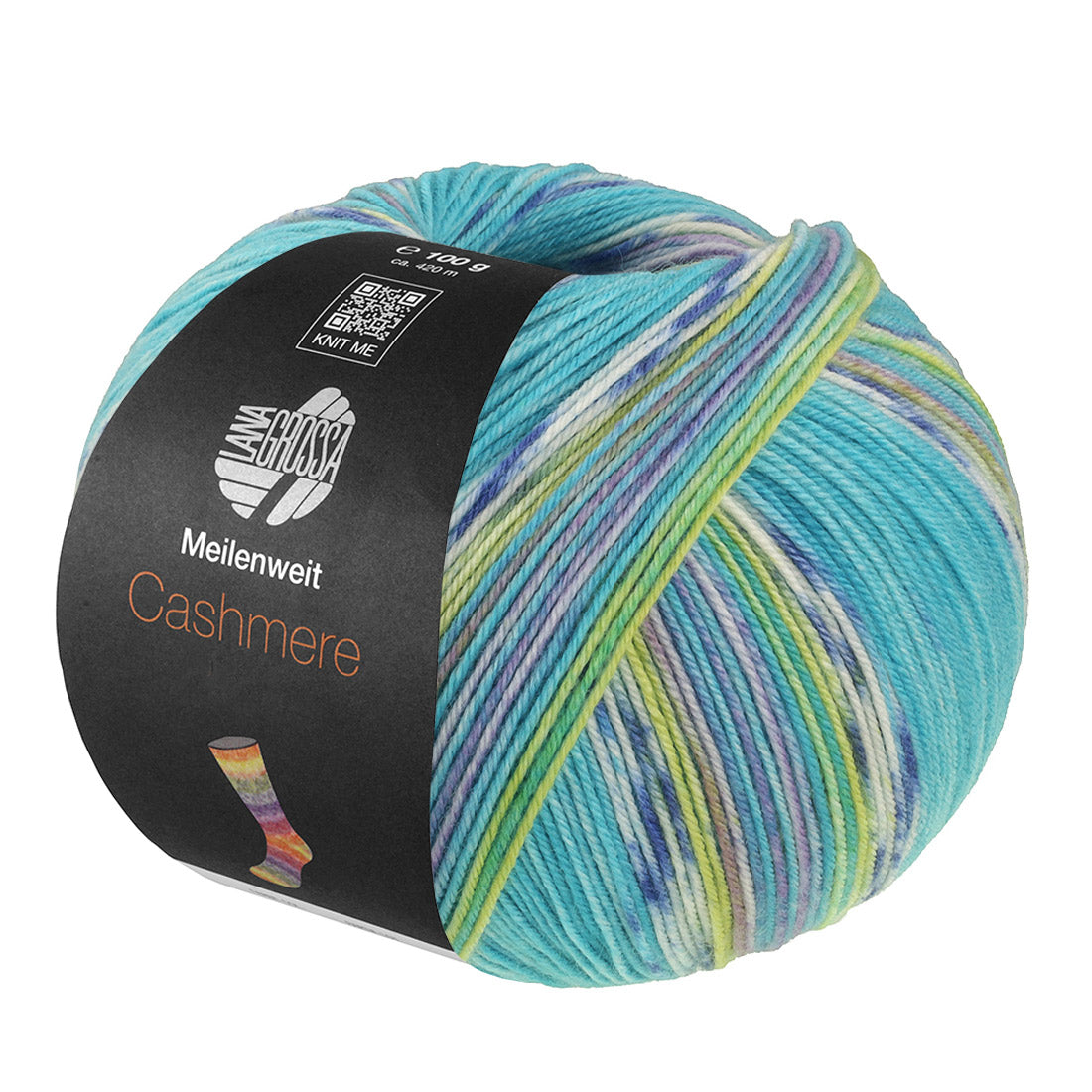 Lana Grossa Meilenweit 100 Cashmere Pista 144 Turquoise/Wit/Blauw/Citroengeel/Violetblauw/Pistache gestreept - bol sokkengaren met kasjmier