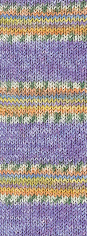 Lana Grossa Meilenweit 100 Cashmere Pista 145 Lila/Violet/Wit/Grijsgroen/Oranje/Hemelsblauw/Citroengeel gestreept - detail van gebreid streeppatroon