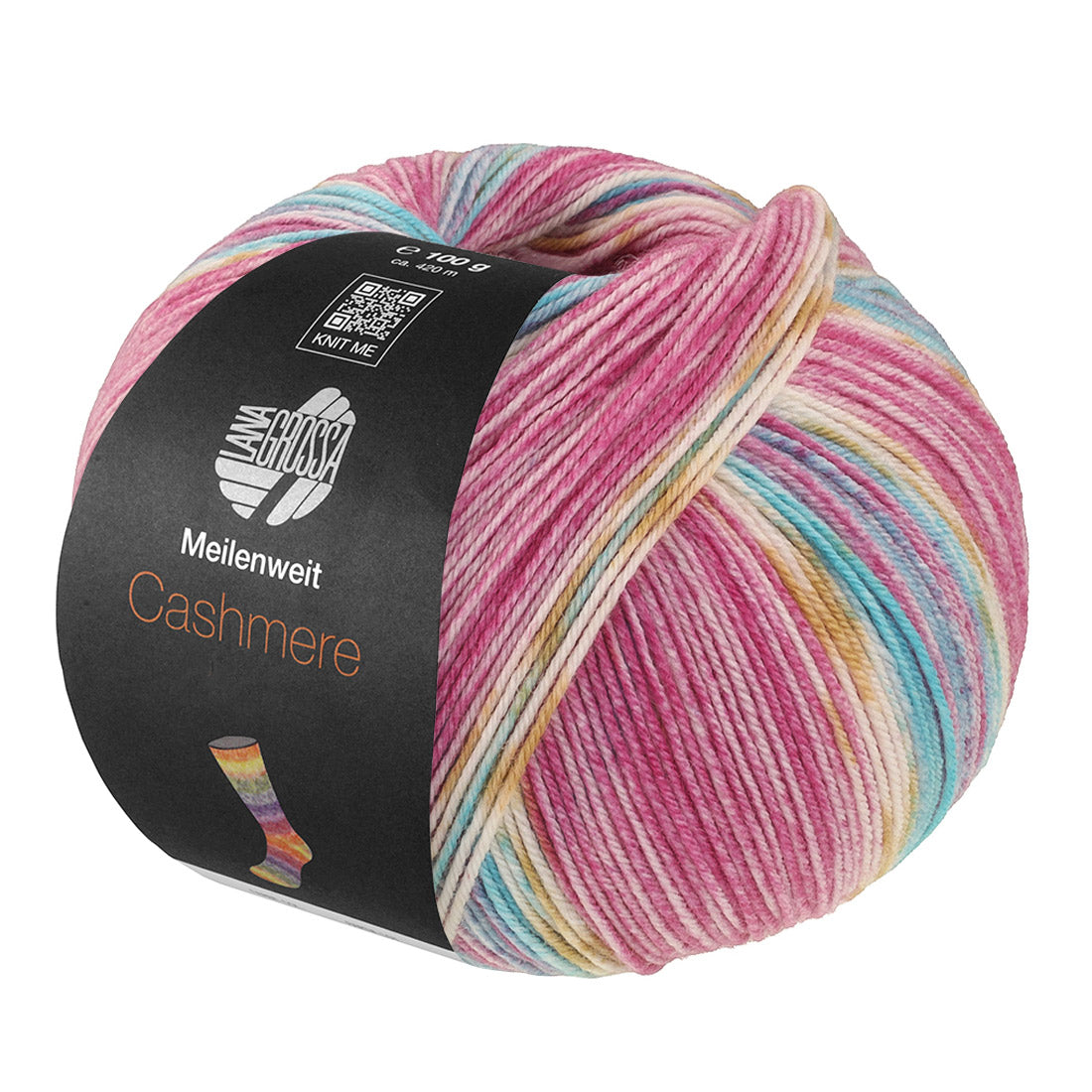 Lana Grossa Meilenweit 100 Cashmere Pista 146 Licht-/Donkerfuchsia/Wit/Oker/Turquoise/Lichtblauw gestreept - bol sokkengaren met kasjmier
