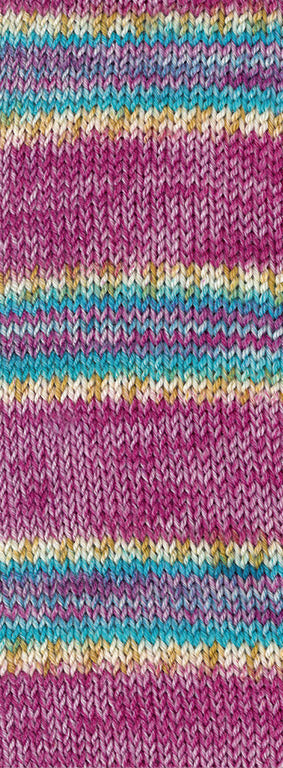 Lana Grossa Meilenweit 100 Cashmere Pista 146 Licht-/Donkerfuchsia/Wit/Oker/Turquoise/Lichtblauw gestreept - detail van gebreid streeppatroon