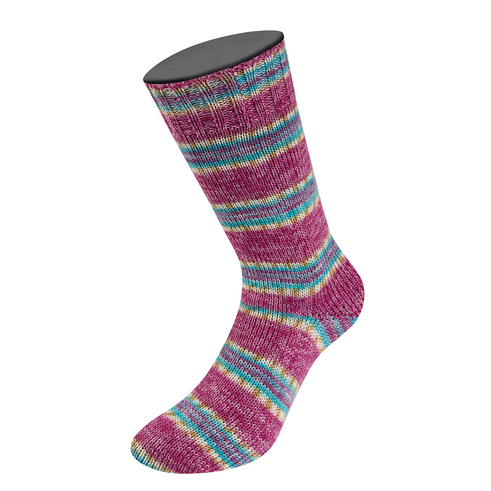 Lana Grossa Meilenweit 100 Cashmere Pista 146 Licht-/Donkerfuchsia/Wit/Oker/Turquoise/Lichtblauw gestreept - gebreide sok met automatisch streeppatroon
