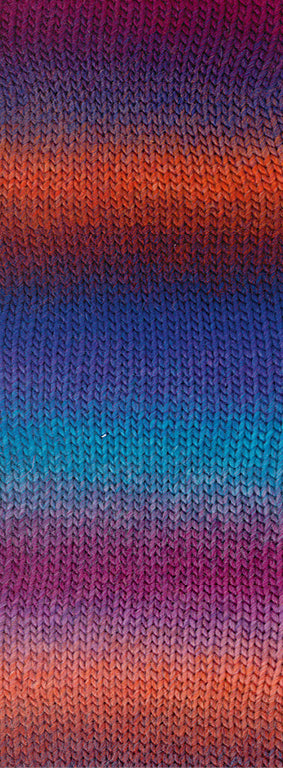 Detail van het kleurverloop van Lana Grossa Meilenweit 100 Color Mix Multi 8019 in Oranje, Donkerbruin, Inktblauw, Koningsblauw, Turquoise, Lila, Roodviolet - Lana Grossa Meilenweit 100 Color Mix Multi 8019 Oranje/Donkerbruin/Inktblauw/Koningsblauw/Turquoise/Lila/Roodviolet