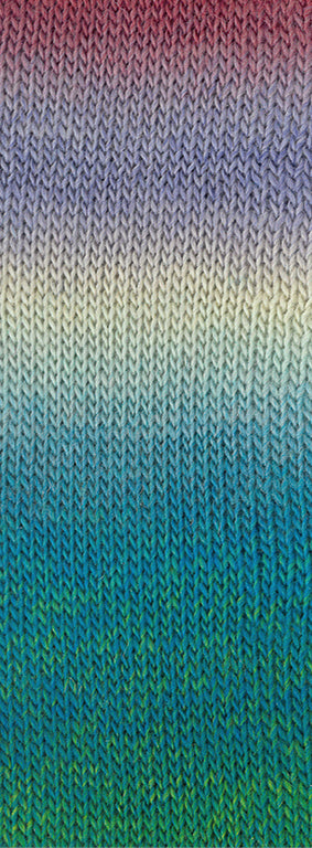 Detail van het kleurverloop van Lana Grossa Meilenweit 100 Color Mix Multi 8023 in Nougat, Roodbruin, Grijslila, Pastelgroen, Mint, Petrol, Smaragd - Lana Grossa Meilenweit 100 Color Mix Multi 8023 Nougat/Roodbruin/Grijslila/Pastelgroen/Mint/Petrol/Smaragd