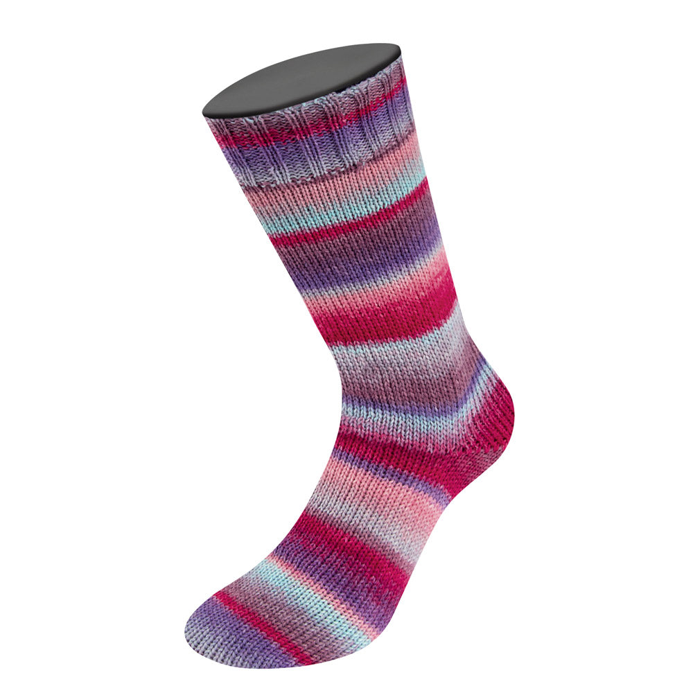 Gebreid kleurverloop van Meilenweit 100 Fontana 5454 in fuchsia, mint, grijsbruin en meer