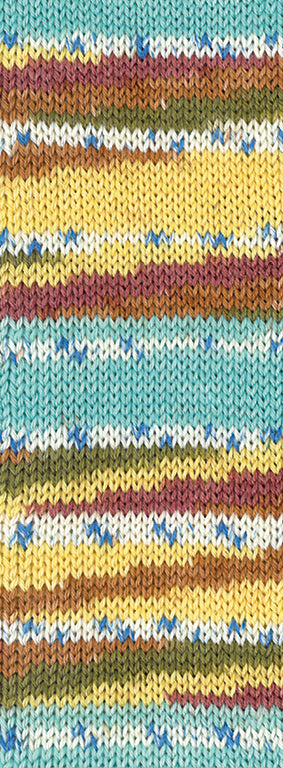 Lana Grossa Meilenweit 100 Seta Giappone 3392 Bruin/Wit/Blauw/Nougat/Mosgroen/Mosterd/Turquoise/Lichtgeel - gebreid kleurvoorbeeld