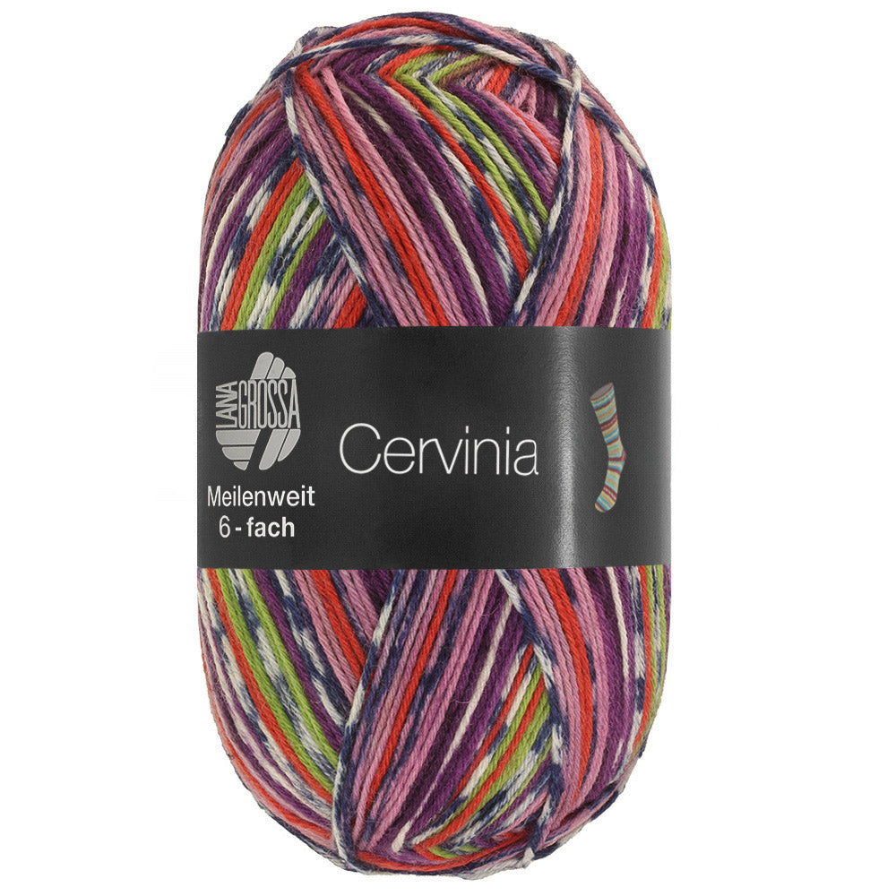 Rechtopstaande bol Lana Grossa Meilenweit 6-Fach 150 Cervinia 9757 Terracotta/Meigroen/Donkerblauw/Wit/Violet/Roze