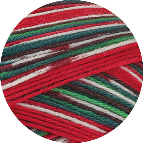 Lana Grossa Meilenweit 6-Fach 150 Merino Christmas 639 Wit/Donkergroen/Donkerbruin/Oranje/Donkerrood/Lichtgroen - detail van het meerkleurige garen