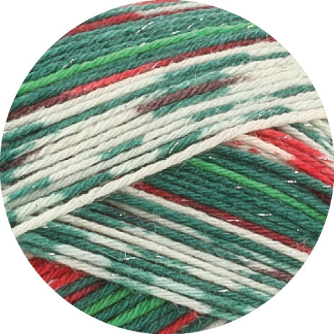Lana Grossa Meilenweit 6-Fach 150 Merino Christmas Lurex 635 Rood/Donkergroen/Lichtgroen/Wit/Donkerrood - detail van het meerkleurige garen