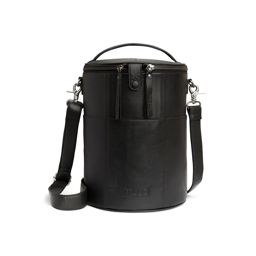 MUUD Saturn XL Black - Handgemaakt leren tas voor handwerkprojecten 28xØ21cm