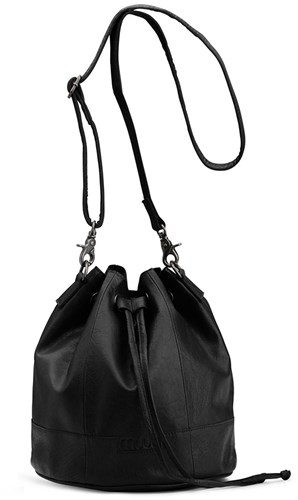 MUUD Donna Black - Handgemaakt leren tas met trekkoord 26xØ24cm