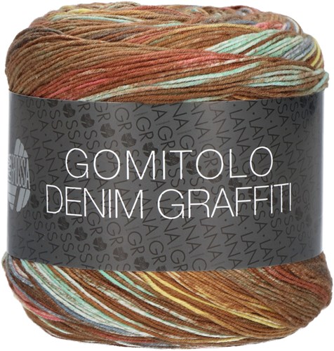 Lana Grossa Gomitolo Denim Grafitti 360 Chocolate brown / nougat / mint / yellow / salmon / rust
