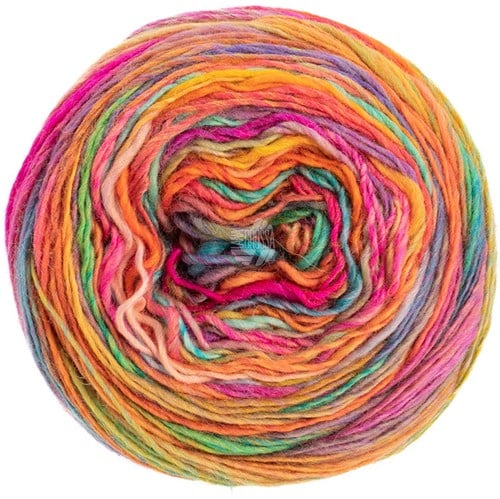 Lana Grossa Colorissimo 205 Olijf, geel, oranje, viooltjesblauw, grijs-lila, lichtgroen, turquoise, pink, fuchsia, wijnrood