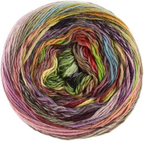 Lana Grossa Colorissimo 206 Taupe, mint, tomatenrood, geelgroen, geel, oranje, paars, donkergrijs, bes, zwartgroen