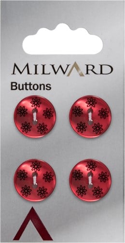 Milward Parelmoer Knoop Donkerrood met Zwarte Bloemen 15mm (4 stuks)