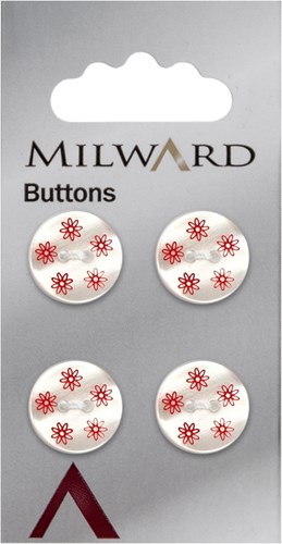 Milward Parelmoer Witte Knoop met Rode Bloemen 15mm (4 stuks)