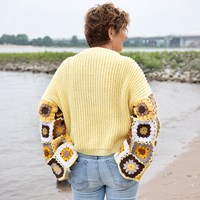 Gebreide Trui met gehaakte granny mouwen Geel XS/S-3