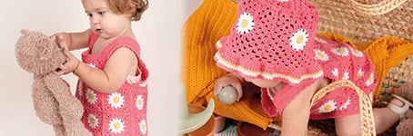 Gratis Haakpatroon: Granny Square meisjesjurkje en bijpassend hoedje met bloemen