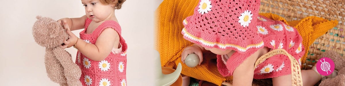 Gratis Haakpatroon: Granny Square meisjesjurkje en bijpassend hoedje met bloemen