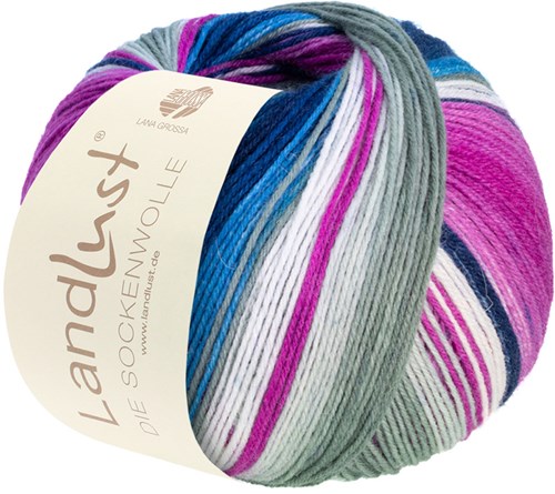 Lana Grossa Landlust Die Sockenwolle 118 Lichtgrijs/ecru/fuchsia/blauw/jeans/nachtblauw/lichtroze/lila gestreept